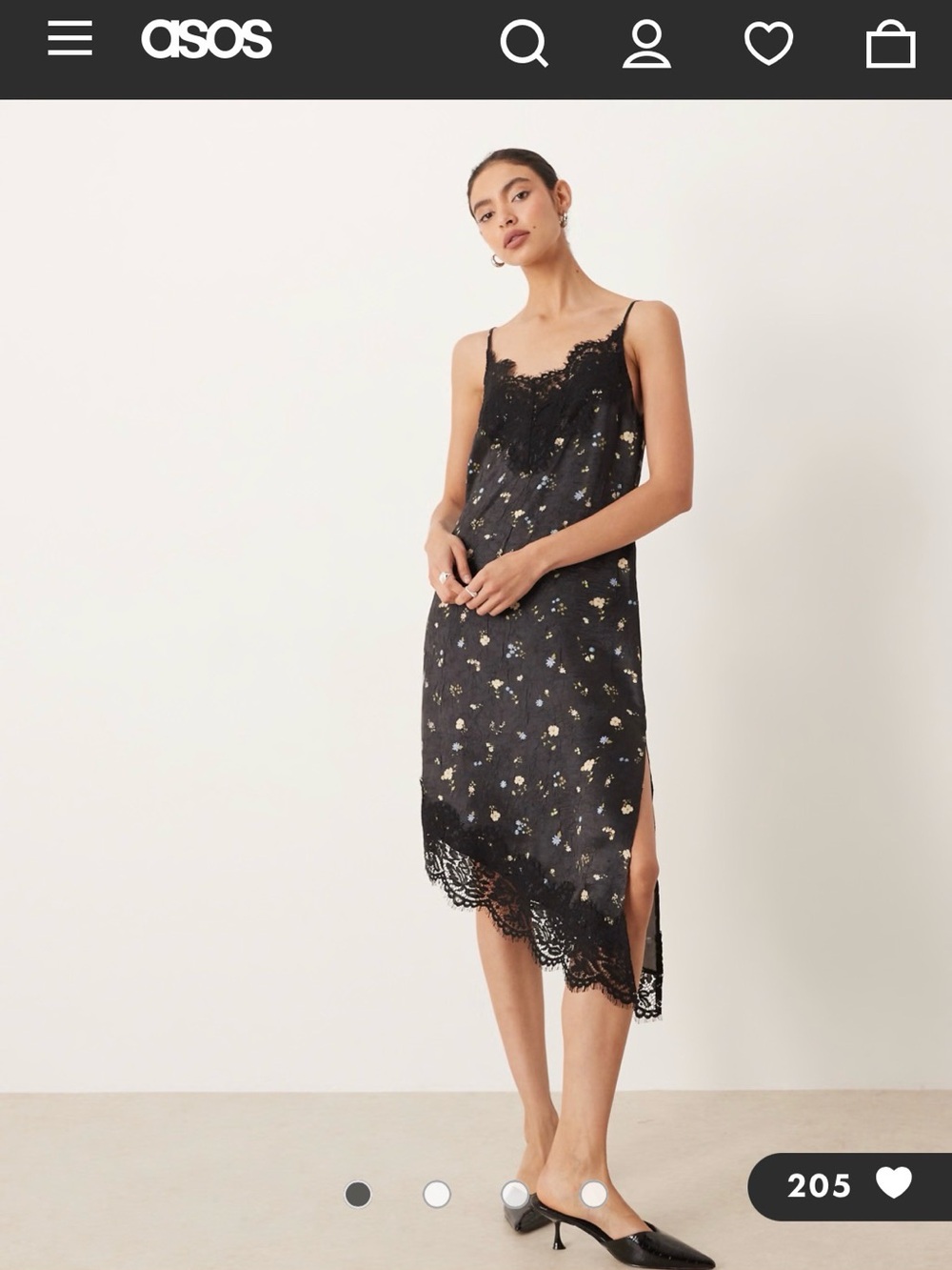 ASOS Black Floral Lace-Trim Slip Midi Dress